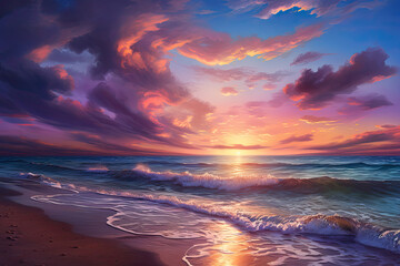 landscape of a beautifully painted sunset on the sea - obrazy, fototapety, plakaty