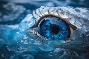 Frozen alligator with crystal blue eye embedded in a layer of ice (Generative AI)