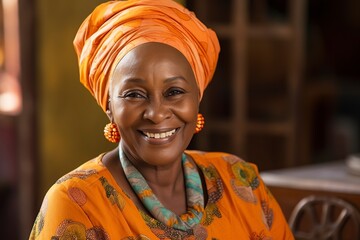 smiling old black woman with orange headscarf and accessories - obrazy, fototapety, plakaty