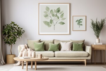 This is a modern living room interior with a fashionable design. It includes a poster frame, wooden shelf, contemporary sofa, and unique personal accessories. The wall is decorated with eucalyptus