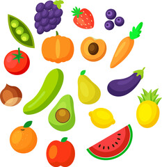 Cartoon fruits vector clipart collection. Fruit icons isolated on white background