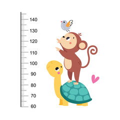 Growth Ruler with Cute Turtle and Monkey Animal at Kids Height Meter Vector Illustration