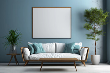 Comfortable sofa in the middle of a minimalistic room with plants and a blank frame. Generative AI
