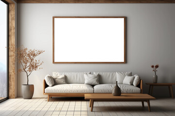 A blank frame hanging in the middle of a clean interior room. Generative AI