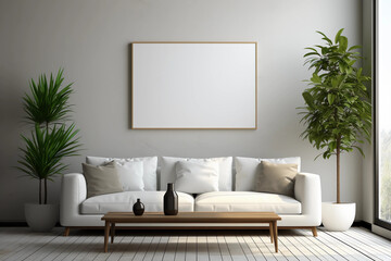Modern living room with sofa and photo frame. Generative AI