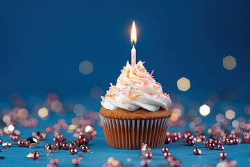 Birthday cupcake with candle, background, copy space