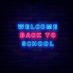 Welcome back to school neon greeting card. Shiny greeting card. Glowing banner. Vector stock illustration