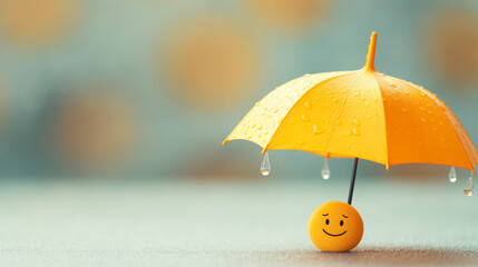 Yellow smiley with umbrella and rain drops on blue background,concept of good day