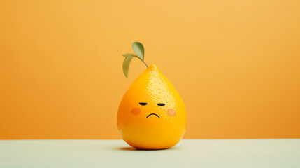 Funny lemon with sad face on orange background. Bad day concept. - obrazy, fototapety, plakaty