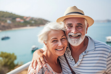 Obraz premium Happy retired mature senior couple on holidays, generative ai