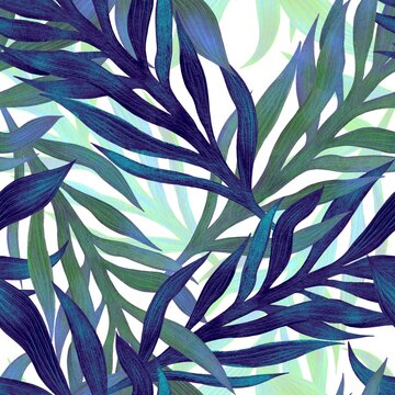 Pattern from watercolour tropical leaves in 3 layers blue, green, and light green colour on the white background.