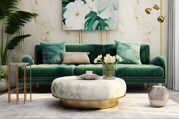 Create a contemporary living room interior with a plush green velvet sofa, a trendy coffee table, a sophisticated marble table lamp, a comfortable pouf, cozy pillows, a whimsical hanging flowerbed
