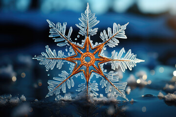 Big snowflake close-up, winter, snowdrifts and New Year's symbol