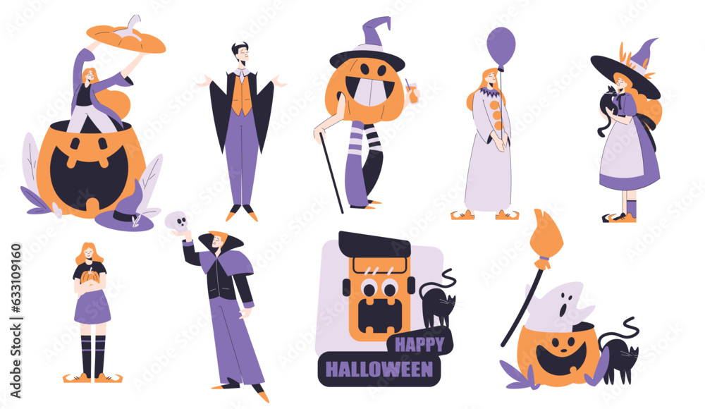 Wall mural Man and Woman Characters at Halloween Dressed in Costume Enjoy Night Party Vector Set