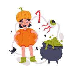 Happy Girl at Halloween Party in Pumpkin Costume with Candy and Cauldron with Potion Vector Illustration