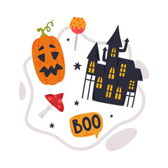 Haunted Castle, Candy and Pumpkin as Halloween Trick or Treat Night Party Element Vector Illustration