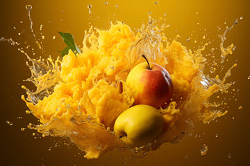 Naklejka na ściany i meble Explosion of taste, apple on dark background in a splash of juice, refreshing juicy fruit concept
