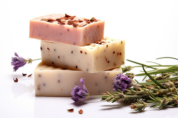 Bars of organic soap made with heather and clover on a white background