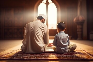 father and his son pray the koran in a mosque