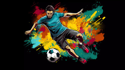 Football player kicks the ball, bright image in graffiti style.