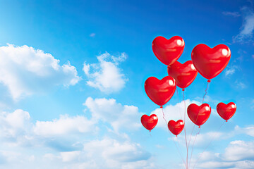 Fototapeta na wymiar Red heart-shaped balloons against a blue sky