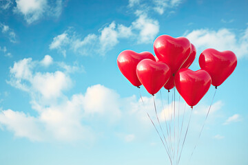 Fototapeta na wymiar Red heart-shaped balloons against a blue sky