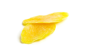 Dried mango slices isolated on white background. Two dehydrated mango slices. Candied mango fruits