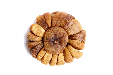 Dried figs isolated on white. Round pack of sweet sundried fruits