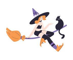 Happy Woman Witch at Halloween Party Flying on Broom with Black Cat Vector Illustration