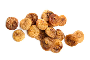 Dried figs isolated on white, top view . Group of sweet sundried fruits