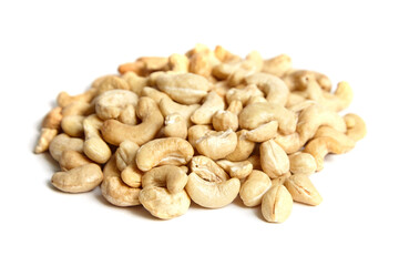 Cashew nut heap isolated on white background. Organic and natural cashews