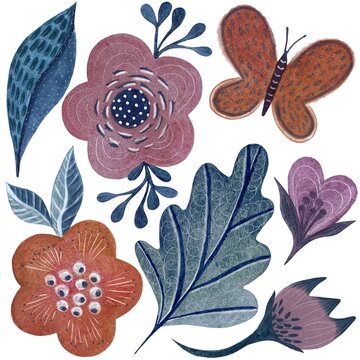 Illustration set number 2 watercolour decorative fantasy flowers, butterfly, leaves on the white background.