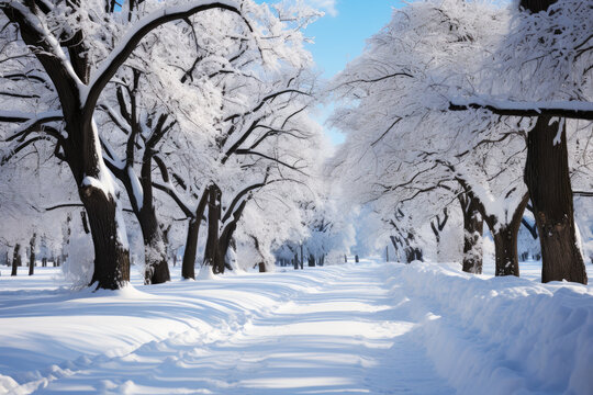 Snow-covered winter alley in the park, a path among trees covered with frost, cold season wallpaper