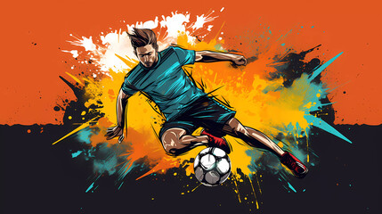 Football player kicks the ball, bright image in graffiti style.