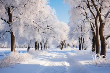 Snow-covered winter alley in the park, a path among trees covered with frost, cold season wallpaper