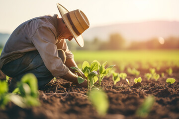 Farmer examining soybean seedlings in the field, agriculture concept - obrazy, fototapety, plakaty