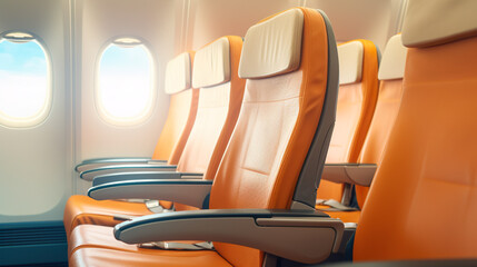 Interior of airplane with orange seats and window view on the sky