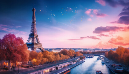 Paris view city pink sky and a river