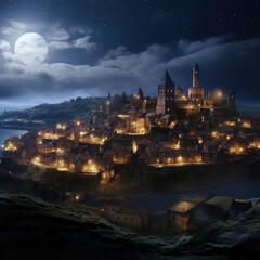 Fototapeta na wymiar Medieval Castle and Basilica Illuminated in the Night