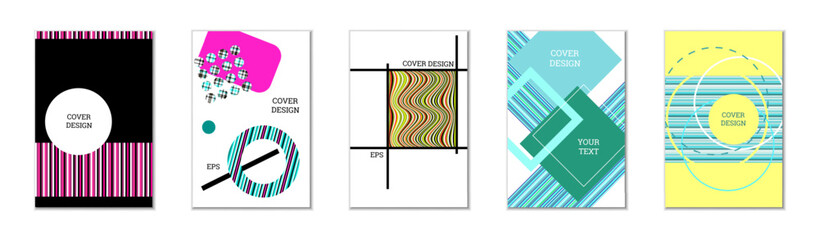 Geometric cover design, set of 5 covers. Abstract unusual background in Memphis style. Bright geometric shapes in random order