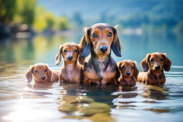 Сute dachshund mom with her puppies by a lake - obrazy, fototapety, plakaty