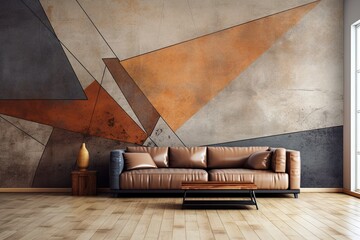A room background with an abstract wallpaper backdrop featuring a design of brown wooden floor and cement wall decoration.