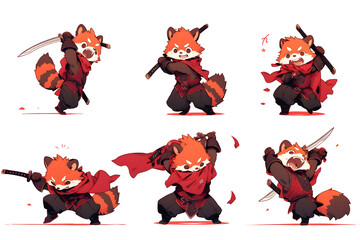 red panda, battle uniform, set of illustrations.Generate AI