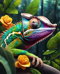  colorful close-up of a chameleon with a high crest on its head. Highlight sharp focus. Blurred natural background. generative AI © EVISUAL