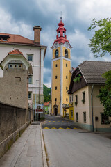 Obraz premium A view along the main street in the town of Begunje na Gorenjskem, Slovenia in summertime