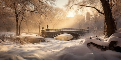Bow Bridge in winter season, Central Park - NYC - Generative AI - obrazy, fototapety, plakaty