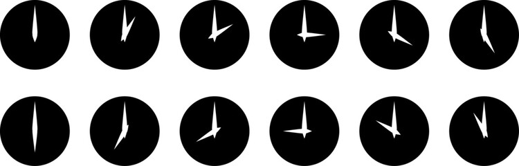 Simple Minimalist Analog Clock Symbol Icon Set Showing Every Hour. Vector Image.