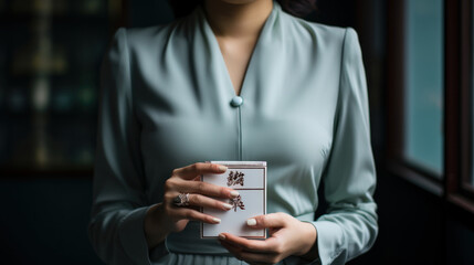 Asian cigarettes box in the hands of a young woman in a business suit.