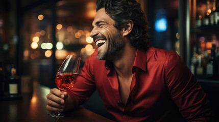 Cheerful man in red silk shirt with a glass of wine. Easy rider guy gigolo macho. - obrazy, fototapety, plakaty
