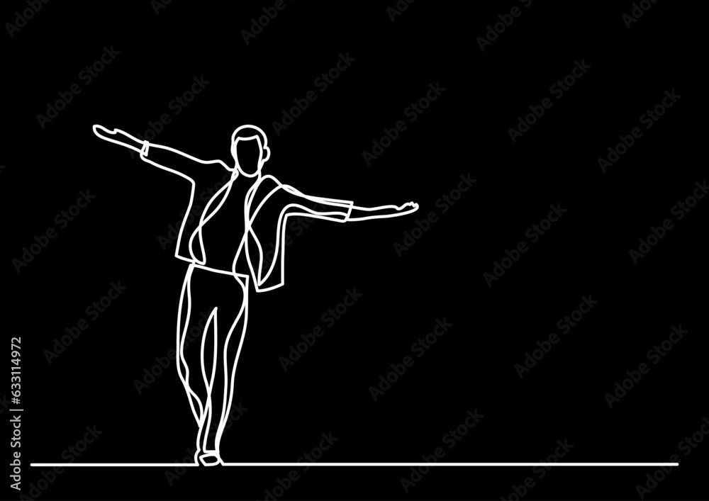 Wall mural continuous line drawing vector illustration with FULLY EDITABLE STROKE of happy jumping persons as concept of happiness on black background